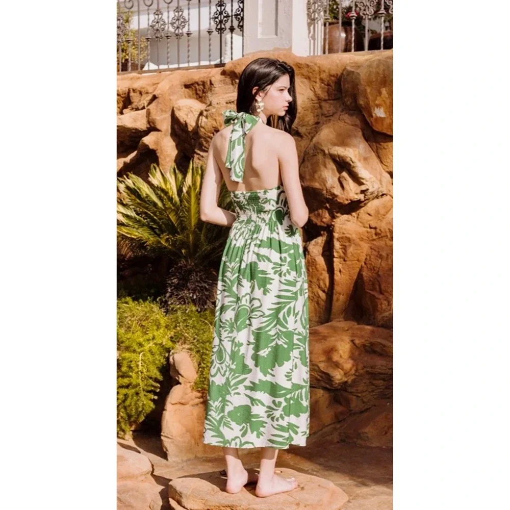 Green White Floral Halter Midi Dress Smocked Back‎ Tropical Summer Resort Women